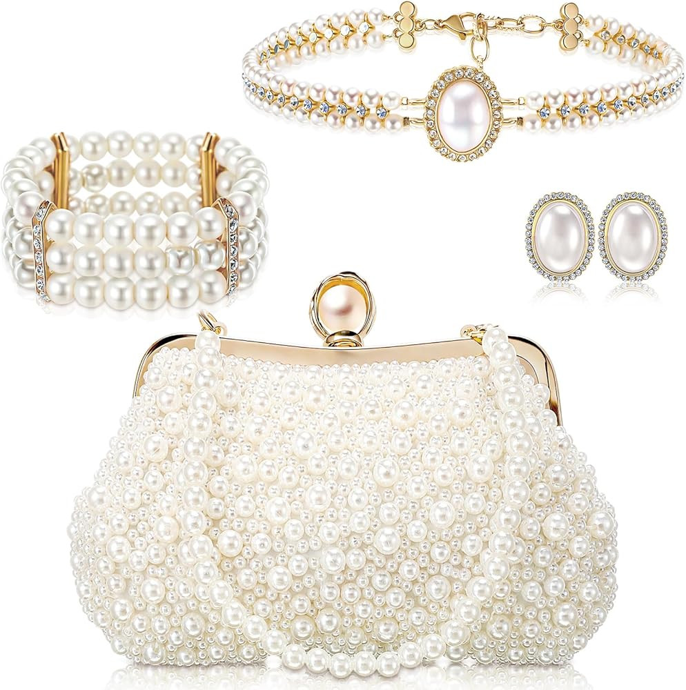 Tondiamo 4 Pcs 1920s Women Pearl Clutch Bag Pearl Necklace Earring Bracelet Set Evening Tea Party... | Amazon (US)