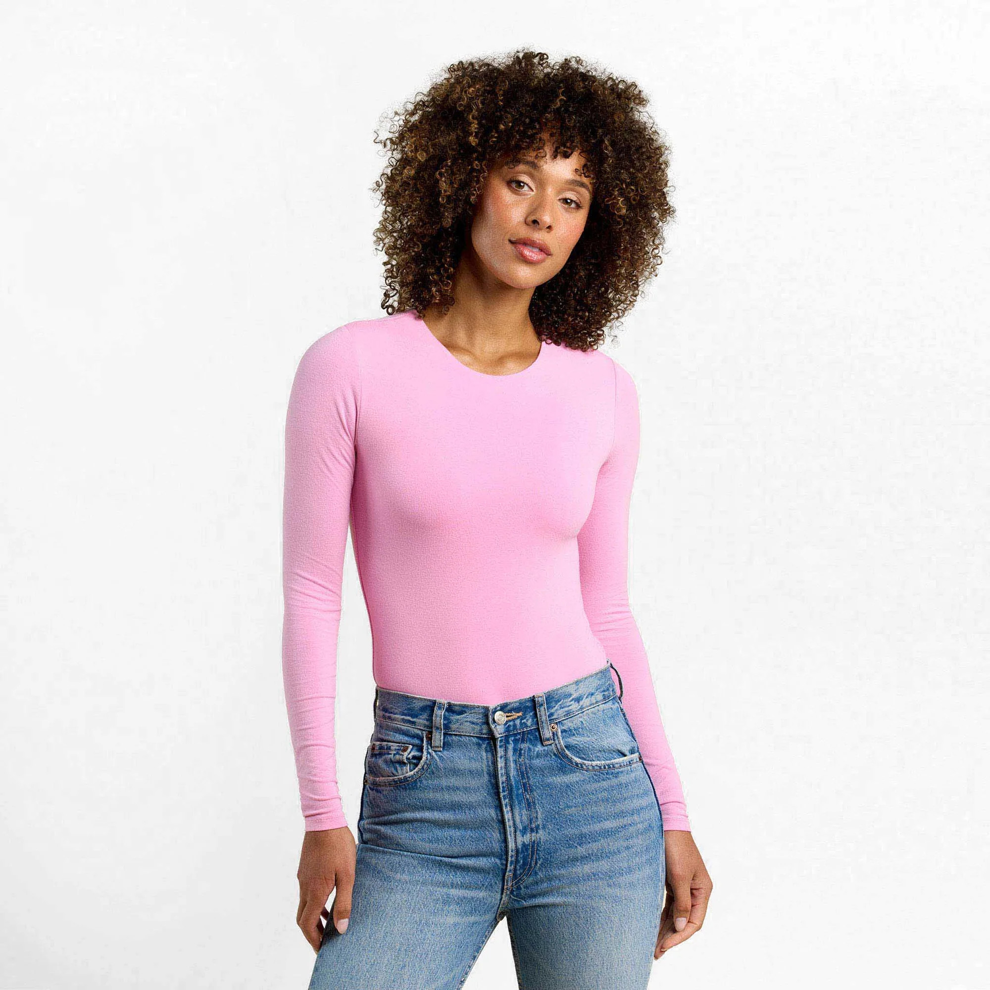 Cotton Stretch Long Sleeve Crewneck Bodysuit | Bubblegum Pink | Nuuds US
