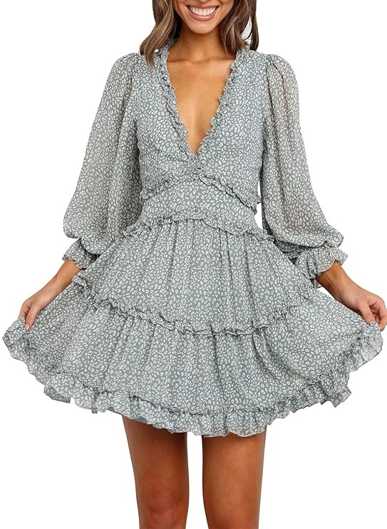 Happy Sailed Women Long Sleeve Ruffle Layer Backless Swing Mini Dresses | Amazon (US)