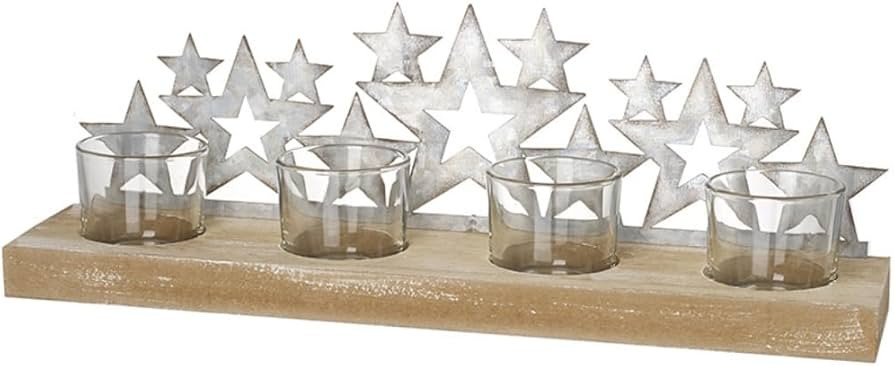 Glass Candle Holders with Metal Star Backdrop, Natural Wood Base, 34 x 11.5 cm | Amazon (UK)