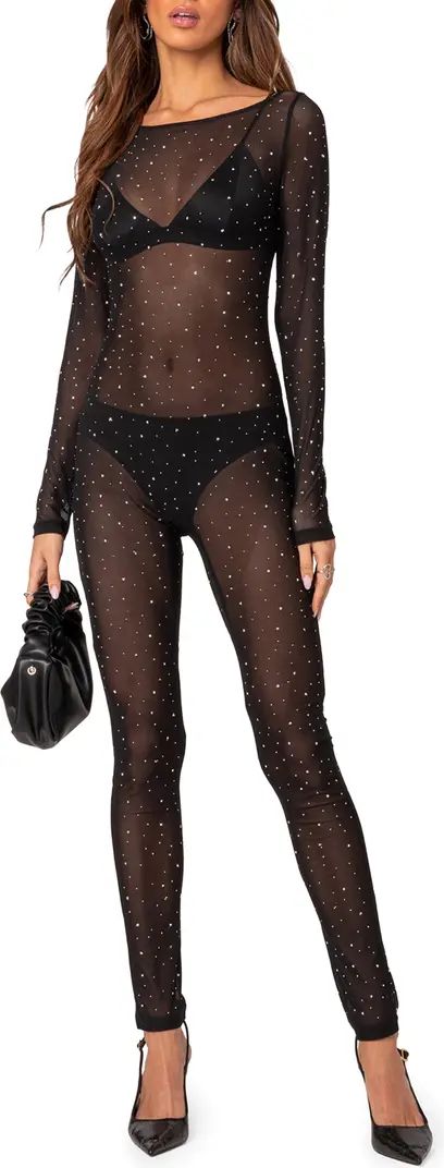 EDIKTED Kristine Rhinestone Sheer Long Sleeve Mesh Jumpsuit | Nordstrom | Nordstrom