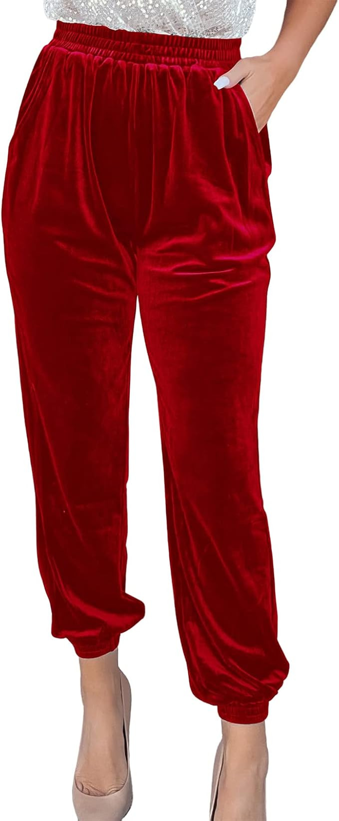 Cyparel Womens Elastic Waist Velvet Trousers Casual High Waist Joggers Loose Straight Leg Long Pa... | Amazon (US)