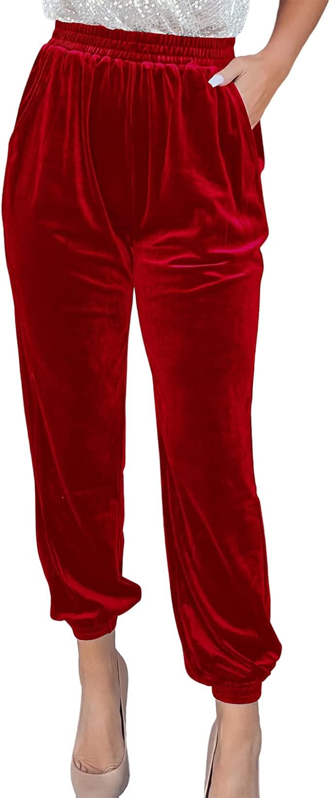 Cyparel Womens Elastic Waist Velvet Trousers Casual High Waist Joggers Loose Straight Leg Long Pa... | Amazon (US)