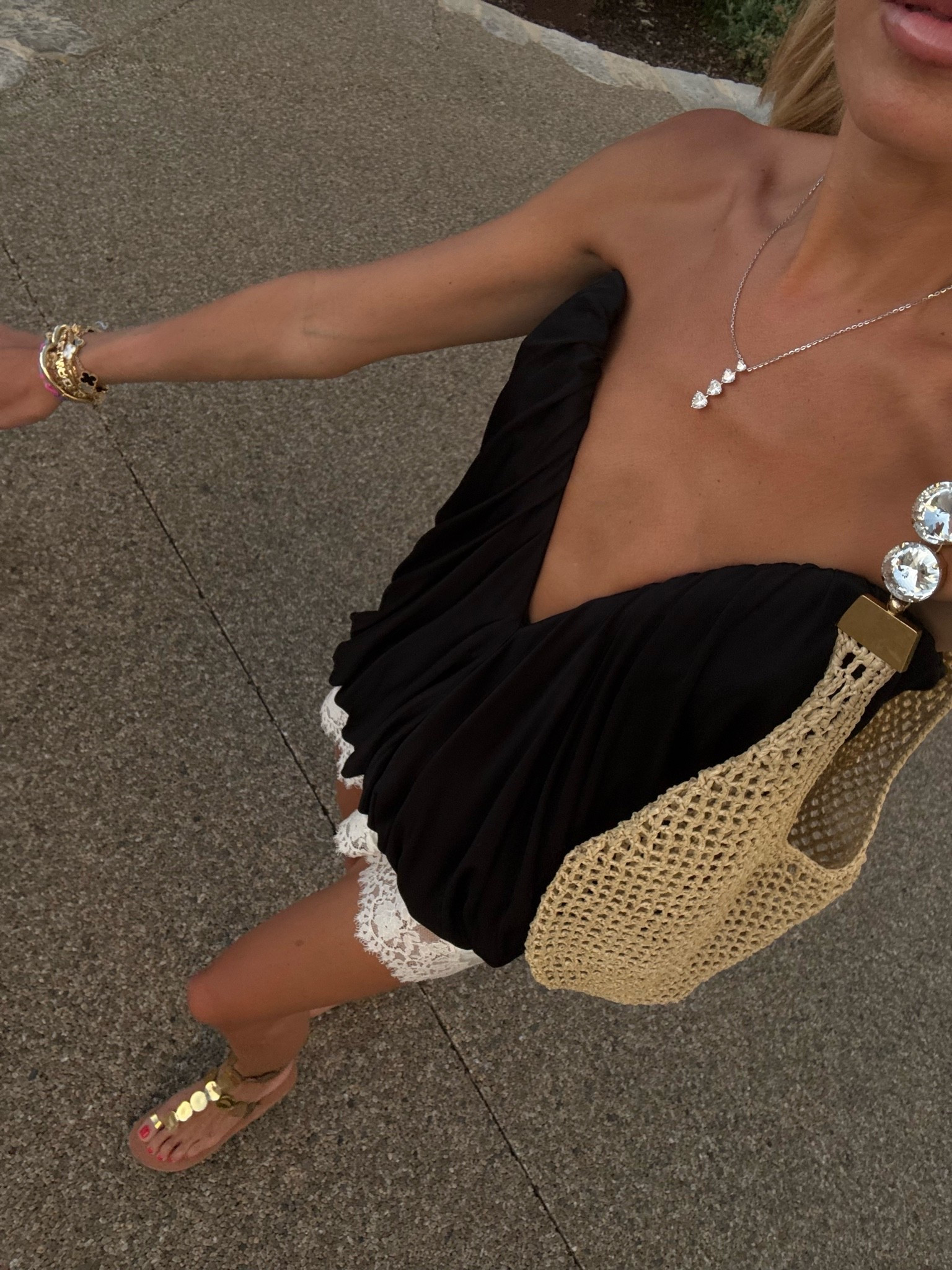 Ootd doen silk shorts black bustier top Ancient Greek sandals