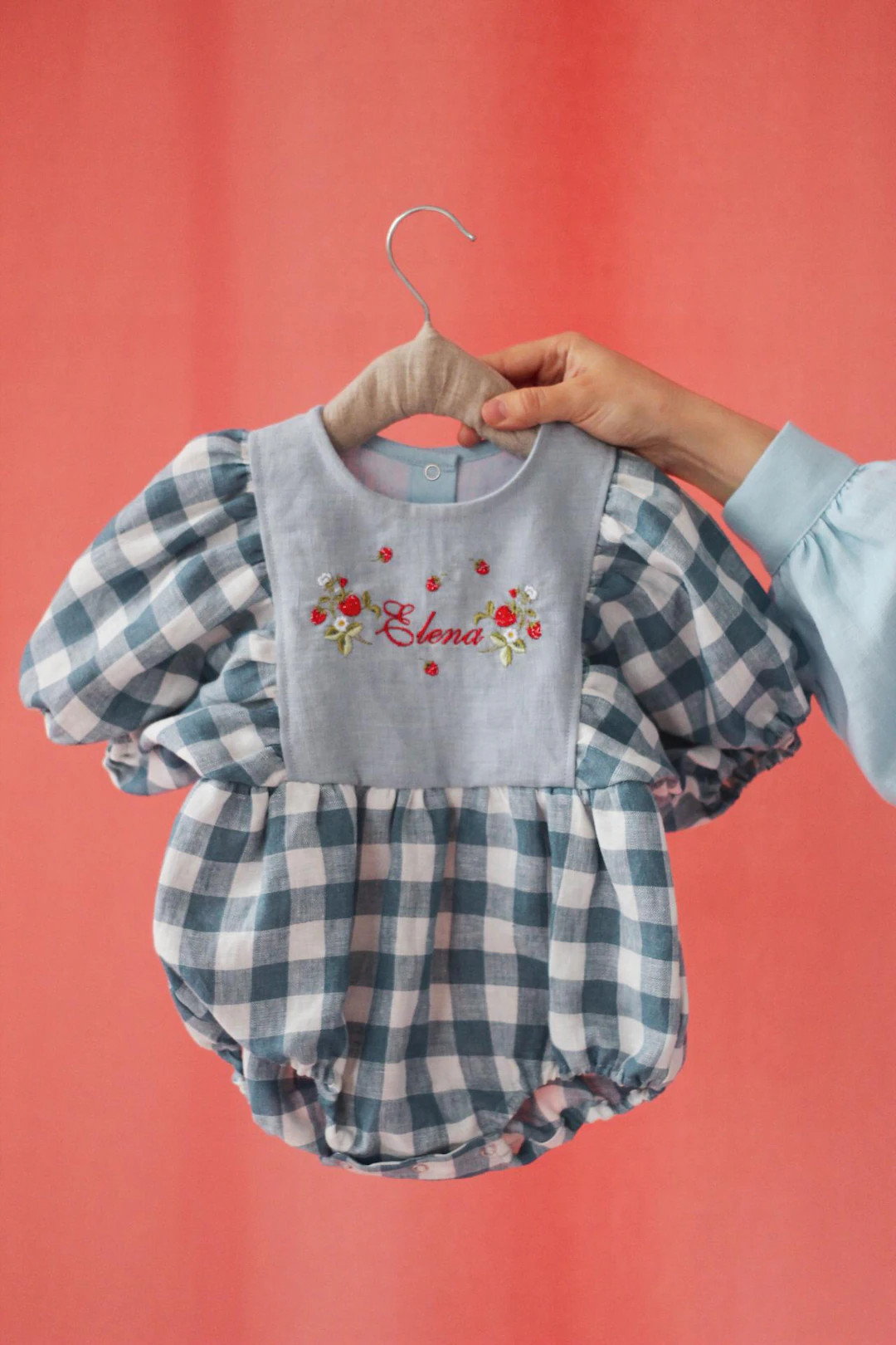 Heirloom Strawberry Baby Romper – Blue Gingham & Linen, Personalized Name Outfit for Girls, Pho... | Etsy (US)