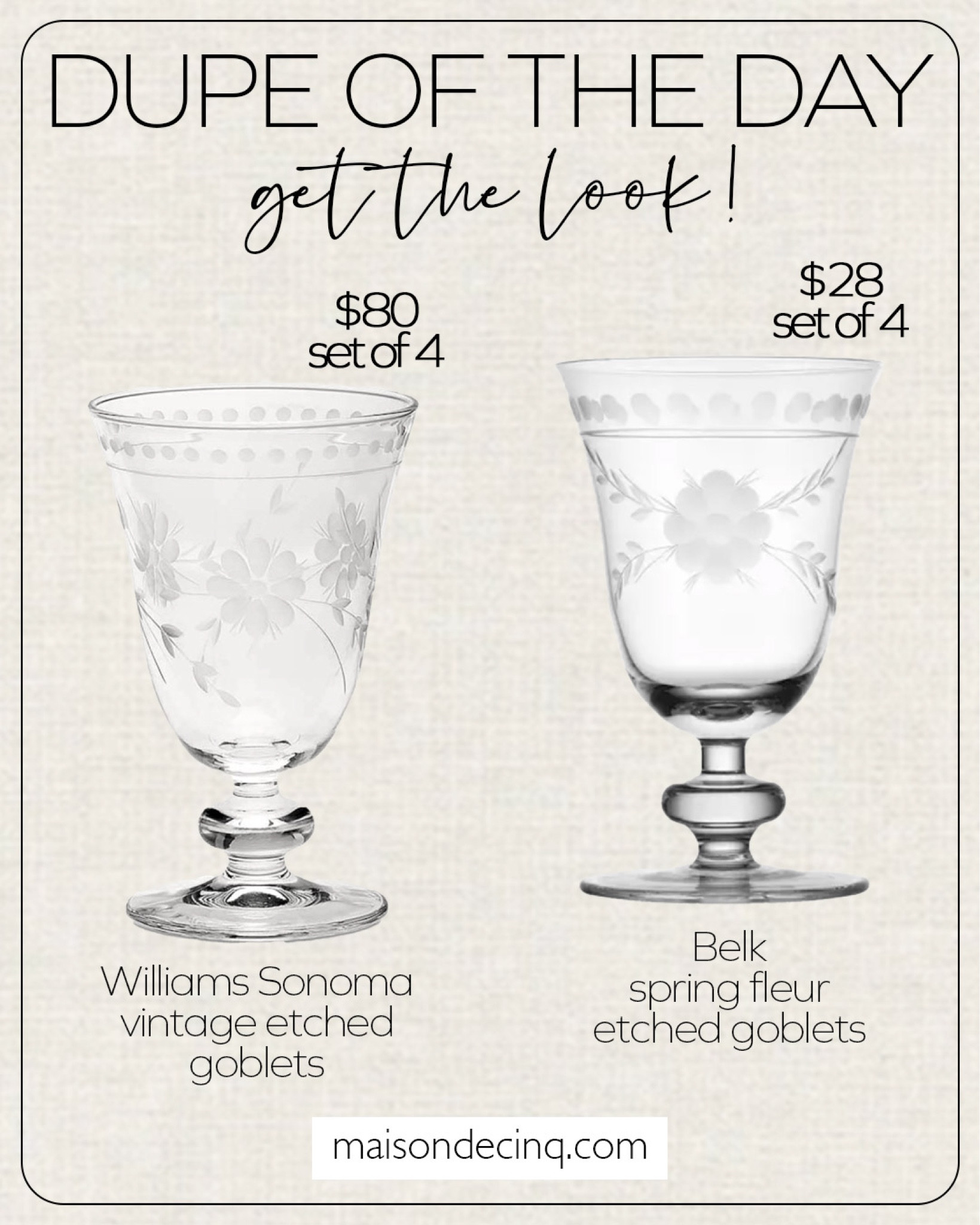 I fell in love with these gorgeous wine glasses from WS, but the Belk version is less than half the price and almost exactly the same!! Such a great find!

#homedecor #summerentertaining #tabletop #wineglasses 

#LTKHome #LTKFindsUnder50