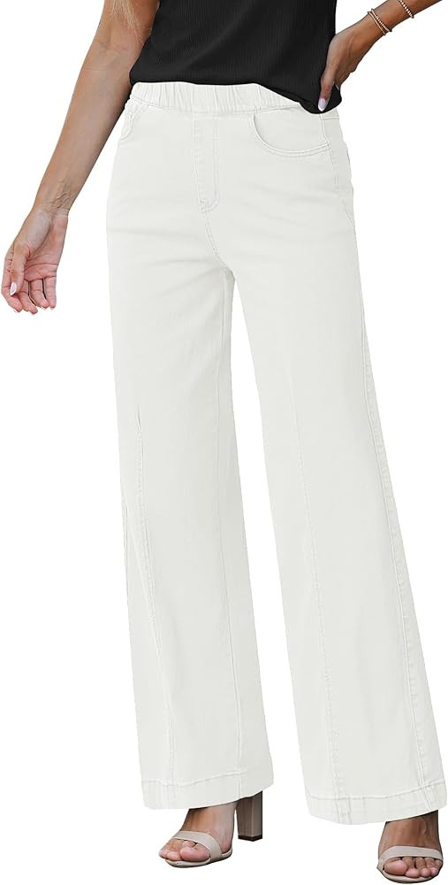 GRAPENT Pull On Womens Jeans Baggy Stretchy High Waisted Denim Wide Leg Trouser Pants Trendy Fron... | Amazon (US)
