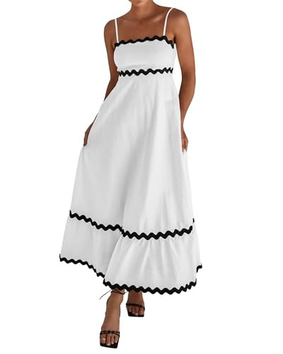 dowerme Womens Dresses 2025 Spaghetti Straps Sleeveless Square Neck Smocked Rickrack Trim Loose Fit A-Line Midi Dress(White,Medium) | Amazon (US)