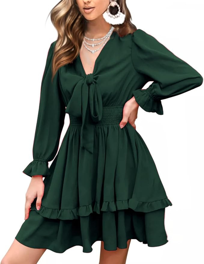 EXLURA Women Tie Front Elastic Waist Tiered Ruffle Layer Floral Balloon Long Sleeve V-Neck A-Line... | Amazon (US)