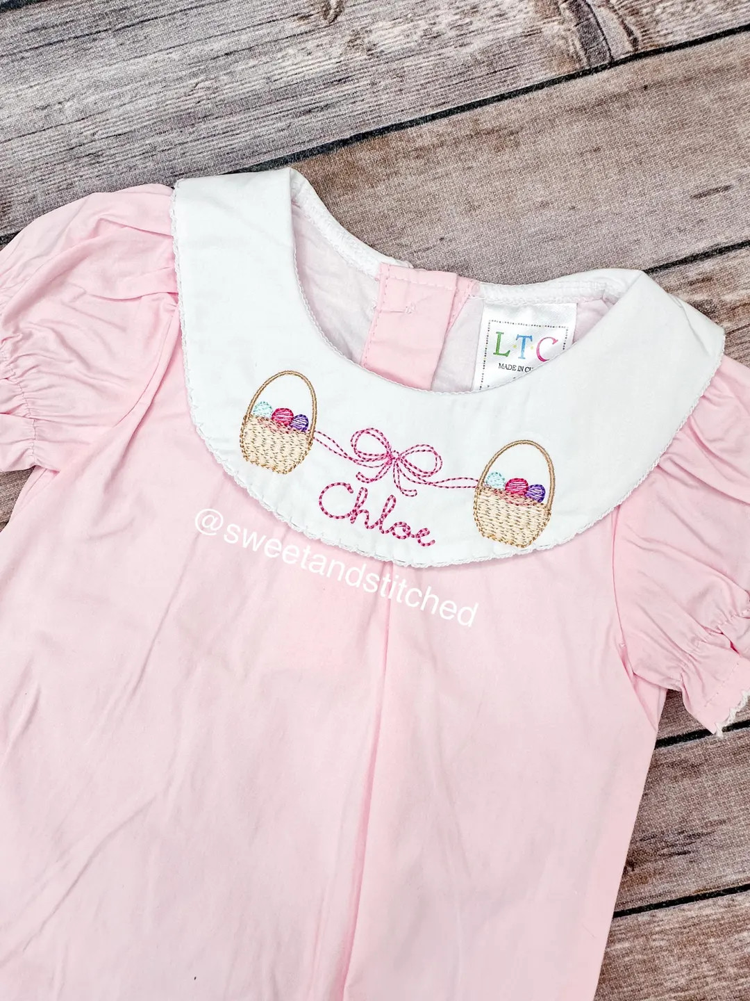Baby Girl Monogrammed Bishop Bubble Easter Outfit in Pink Woven Cotton With Easter Basket Design,... | Etsy (US)
