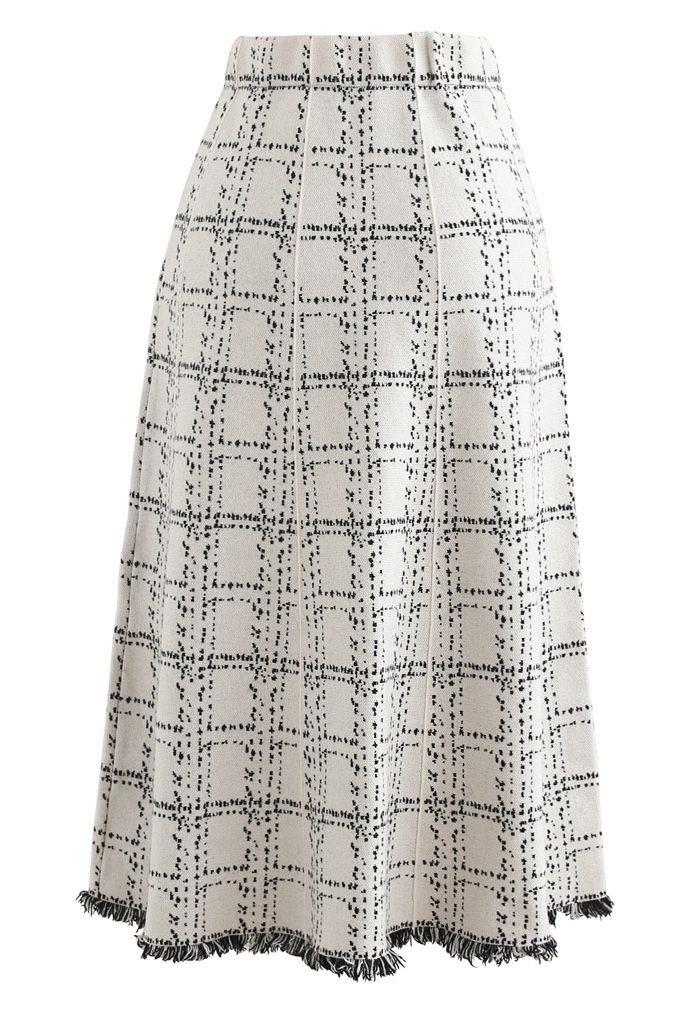 Grid Fringe Hem Knit Skirt in Ivory | Chicwish