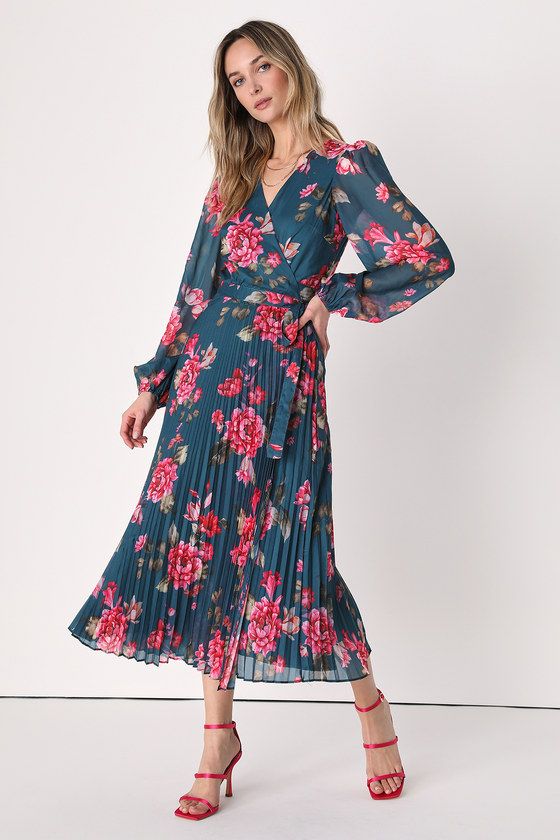 Blooming Whimsy Dark Teal Blue Floral Pleated Midi Wrap Dress | Lulus (US)