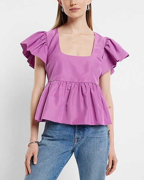 Square Neck Flutter Sleeve Peplum Babydoll Top | Express