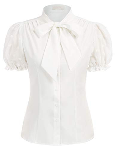 Women's Elegant White Puff Sleeve Blouse 1940s Retro Shirt Top,White,L | Amazon (US)