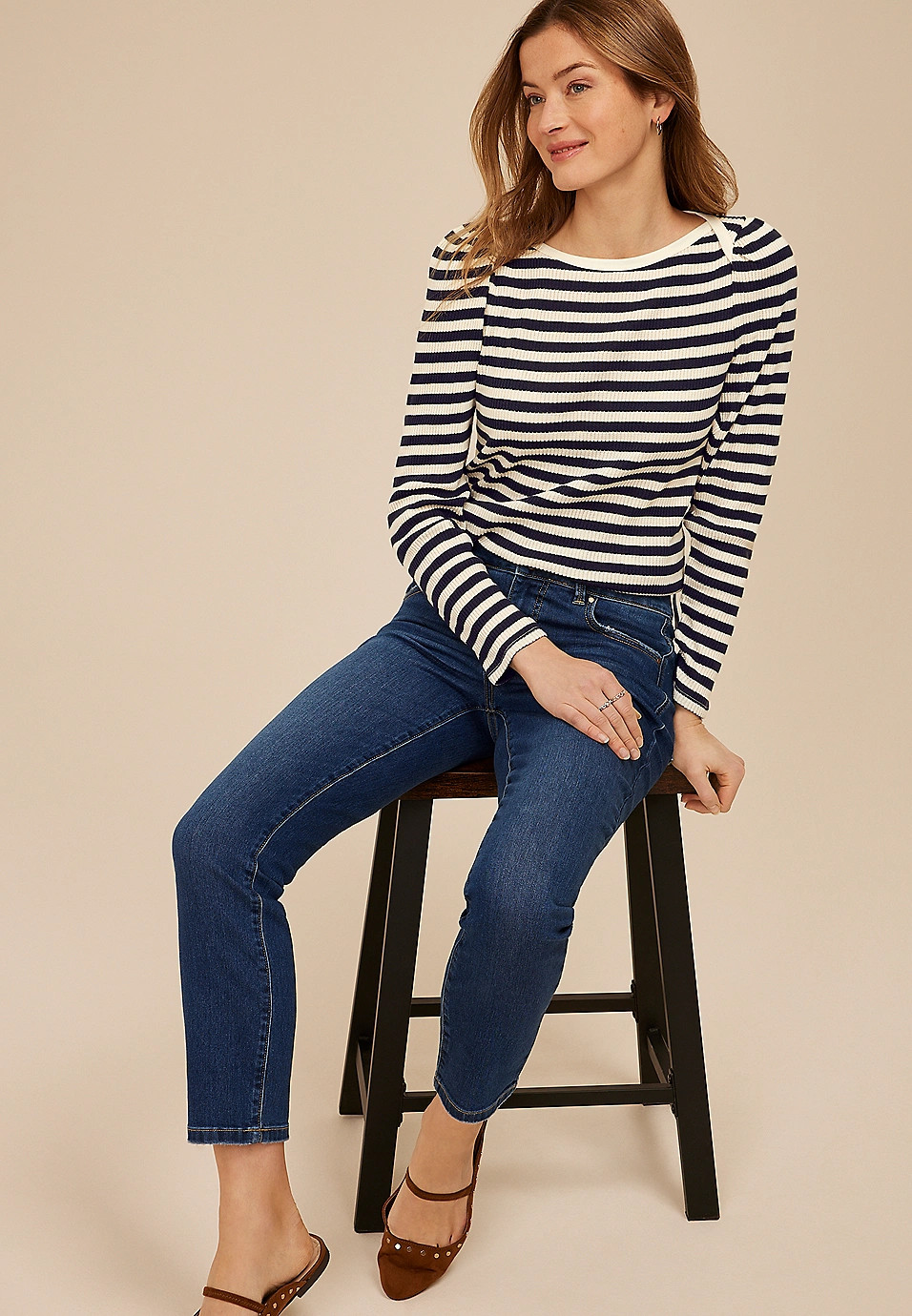 Striped Ribbed Envelope Neck Long Sleeve Tee | Maurices