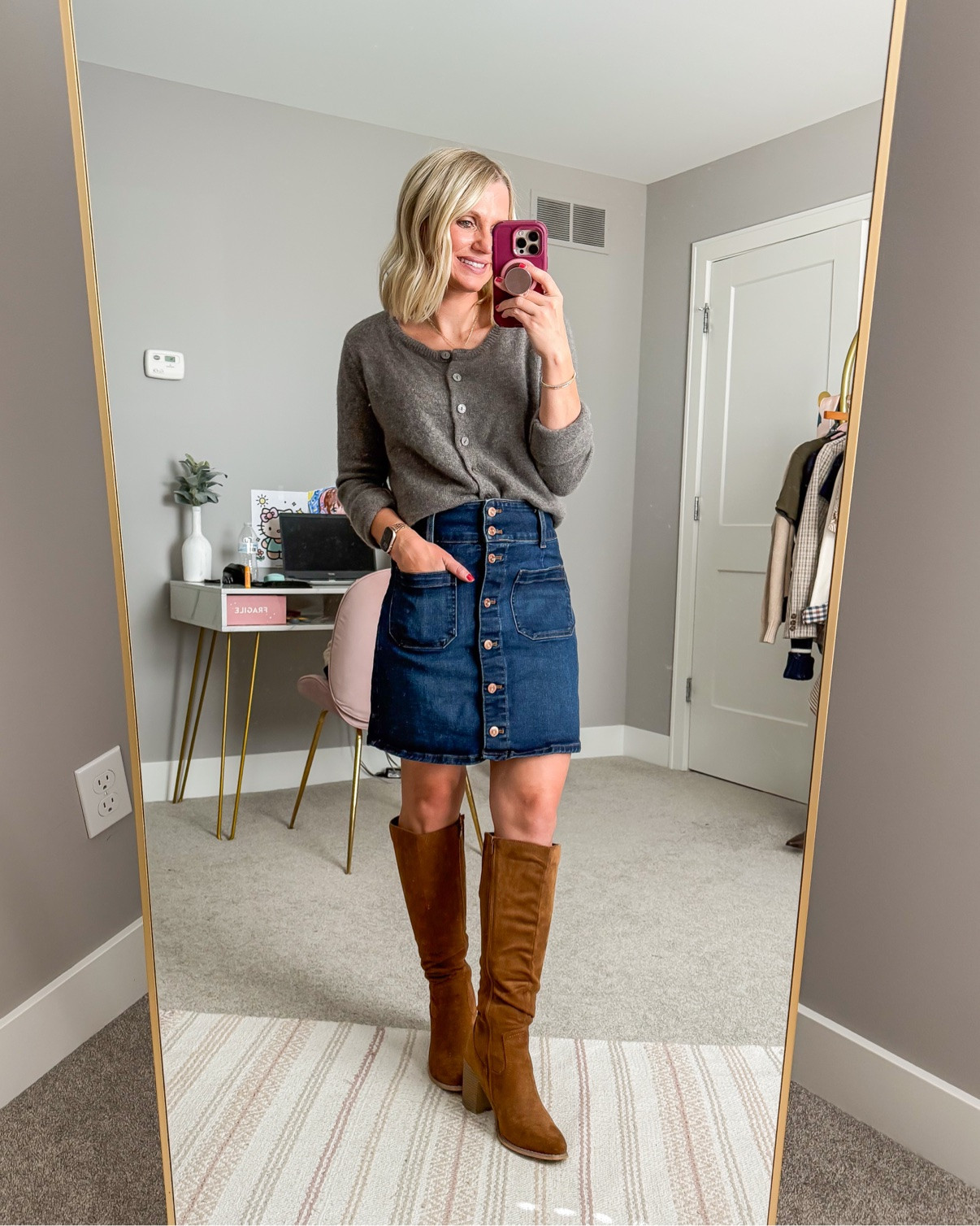 Denim skirt + tall boots for fall 🍂 #LTKOver40 #LTKPetite #LTKSeasonal