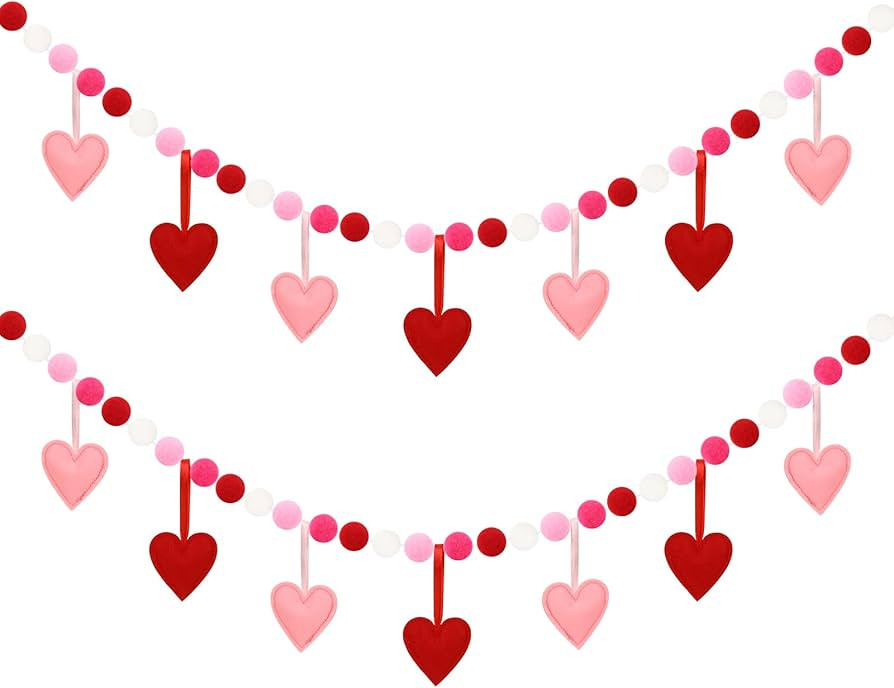 Jansun 2 Pcs Valenltines Day Felt Garland, Red Pink Hearts Felt Garland Pom Poms Garland for Mant... | Amazon (US)