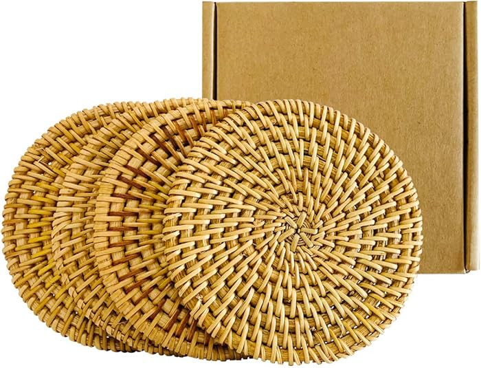 Handmade Braided Drink Coasters, Set of 4, 3.94’’ Round, Ideal for Gifts & Home Decor | Amazon (US)