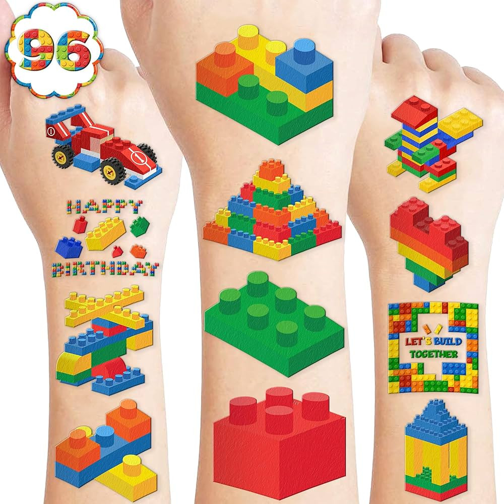96 PCS Building Blocks Block Pre-Cut Temporary Tattoos for Kids | Super Cute Themed Birthday Part... | Amazon (US)