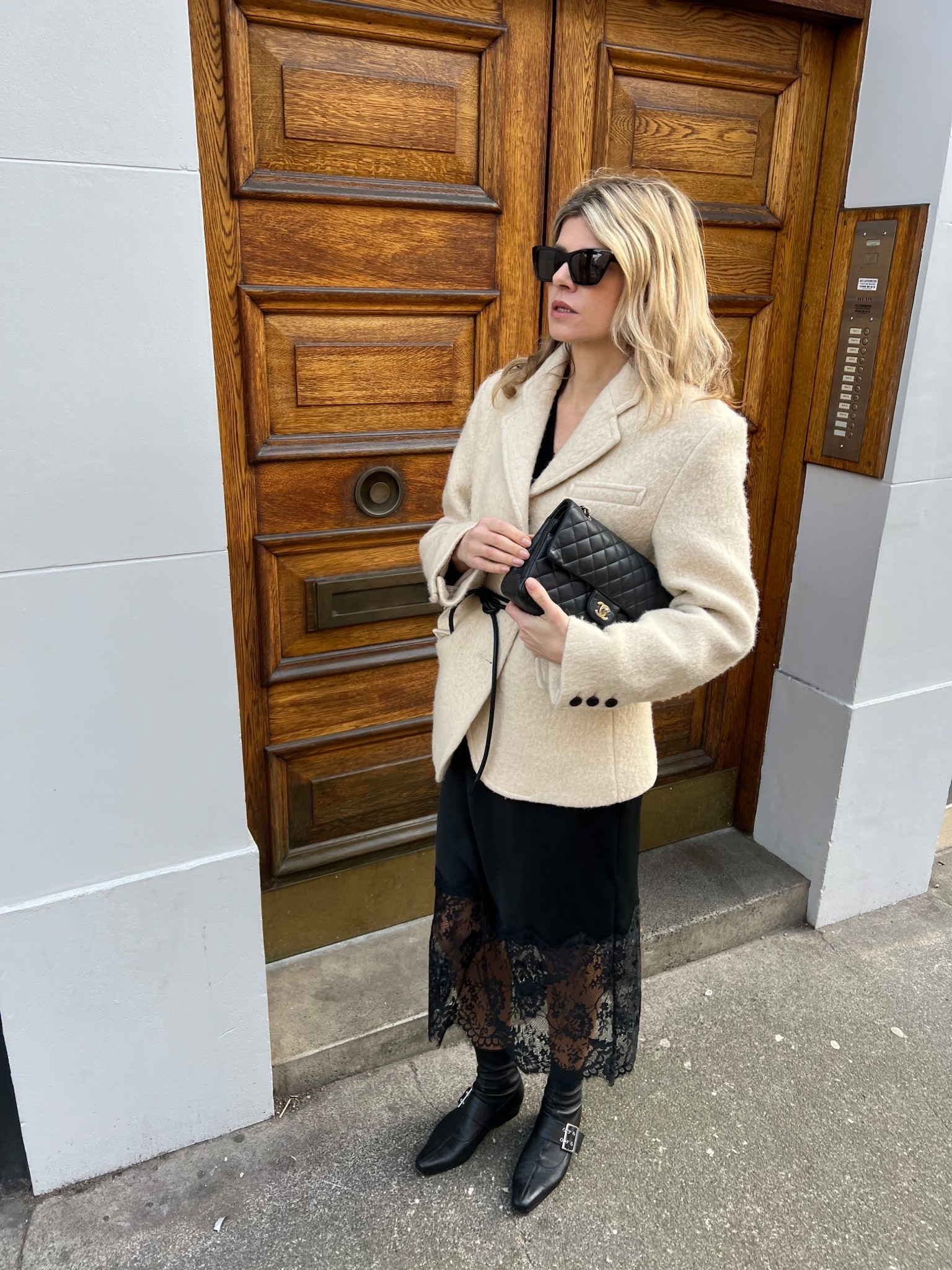 Spring outfit, spring jacket, wool blazer, rope belt, lace trim skirt, ysl sunglasses, white jacket, barefoot wear shoes 

#LTKspring #LTKOver40 #LTKootd