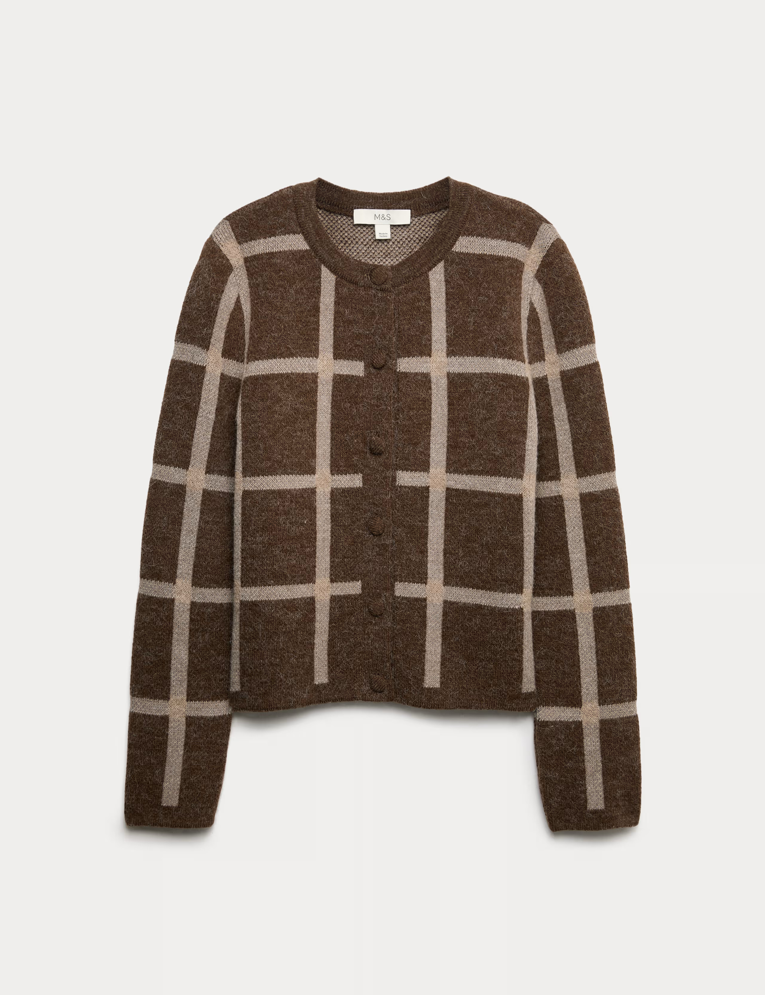 Checked Crew Neck Cardigan With Wool | Marks & Spencer (UK)