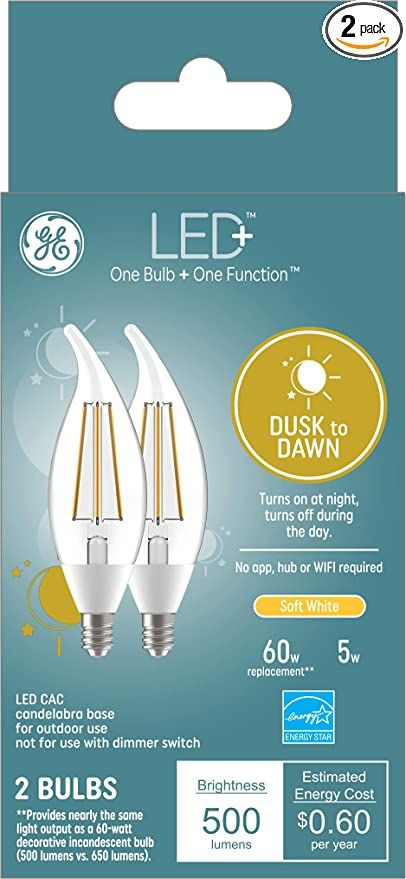 GE LED+ Dusk to Dawn Outdoor Decorative Light Bulbs, Sunlight Sensor, Soft White, Candelabra Base... | Amazon (US)