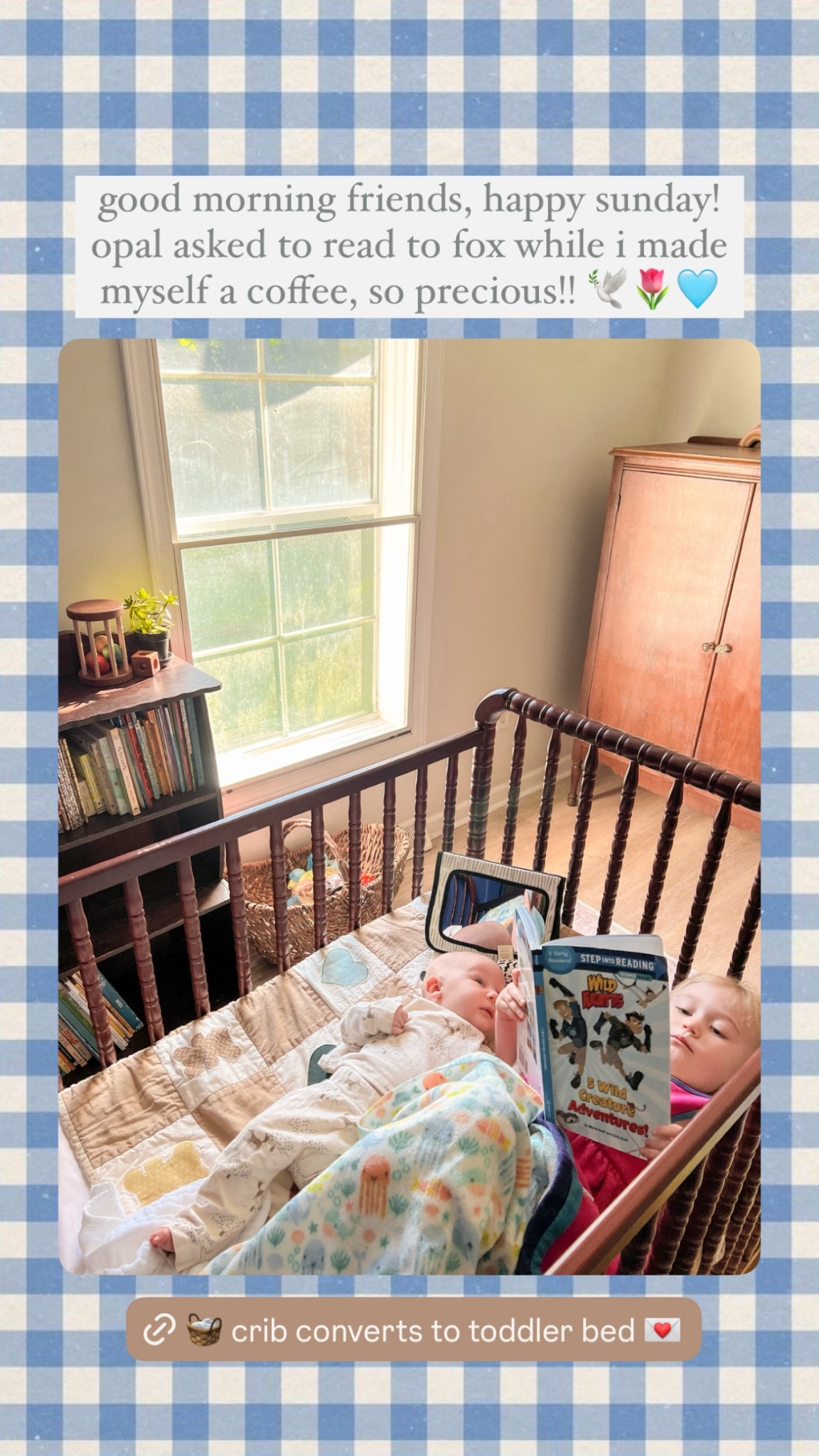 My babies and I love this crib! It converts from a crib to a toddler bed so it grows with your kiddos. So cute and has a beautiful vintage feel to it 💌 

I told Opal I was ready to make myself a coffee and she asked if her and Fox could get in the crib so she could read to him. So precious and sweet to give mama a moment alone to make my morning latte 🥰 So grateful and blessed. 



#LTKKids #LTKBaby #LTKHome