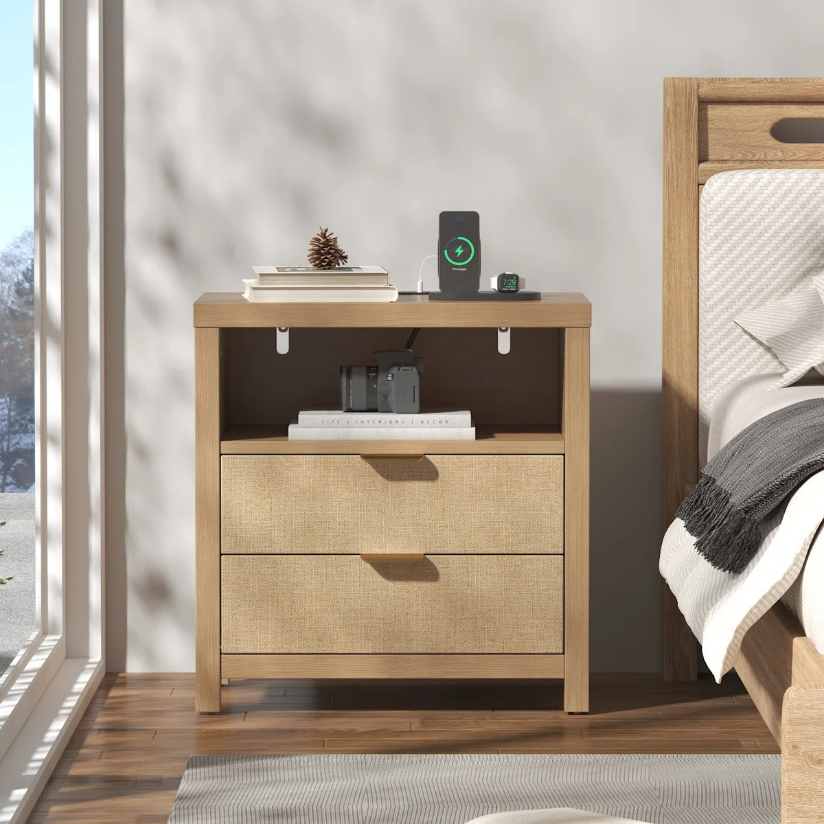 19.7'' W Nightstand With Built-In Outlets,2-drawer And 2-Tier Open Shelf | Wayfair North America
