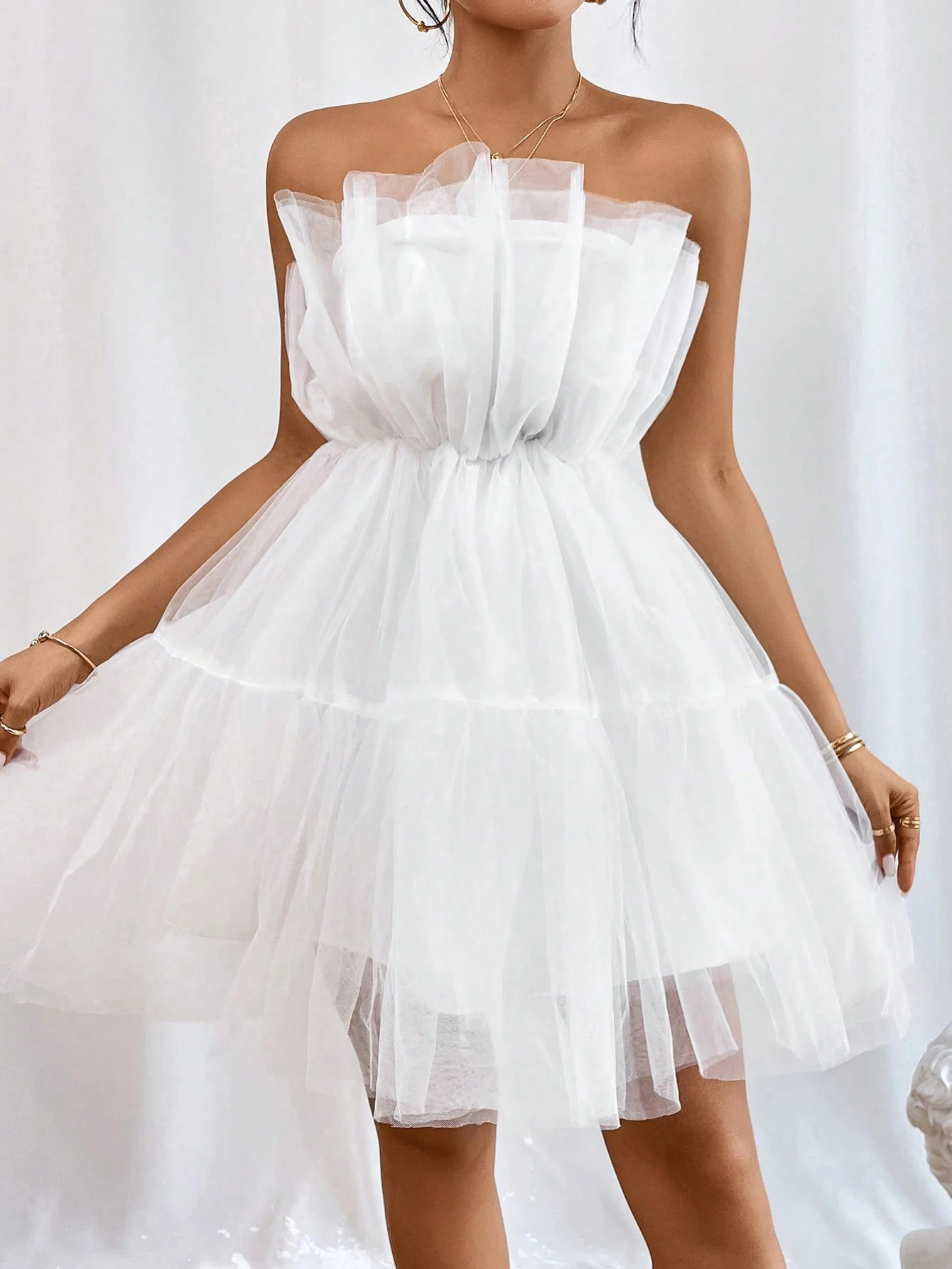 SHEIN Privé Ruffle Hem Mesh Tube Dress | SHEIN