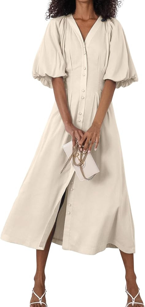 chouyatou Women Summer Puff Sleeve Button Down Shirt Dress Flowy Elegant Business Casual Midi Lon... | Amazon (CA)