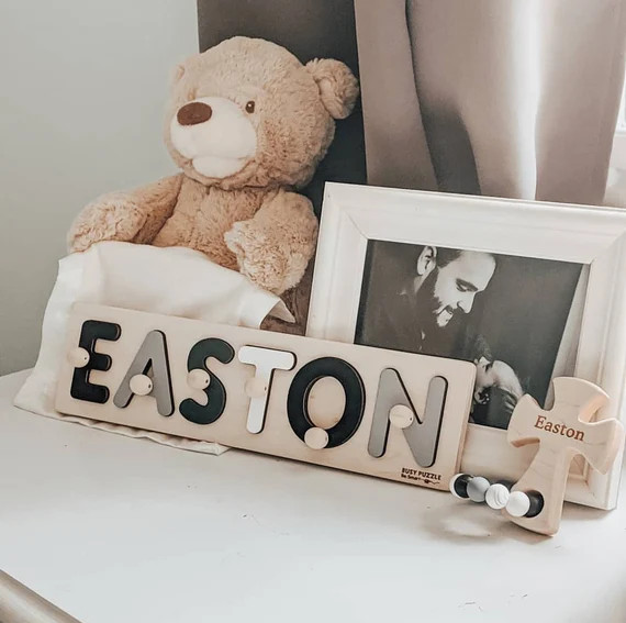 Black and White Name Puzzle - Gift for Boy - HandMade Toy - Baptism Gift for Baby - Boys Nursery ... | Etsy (US)