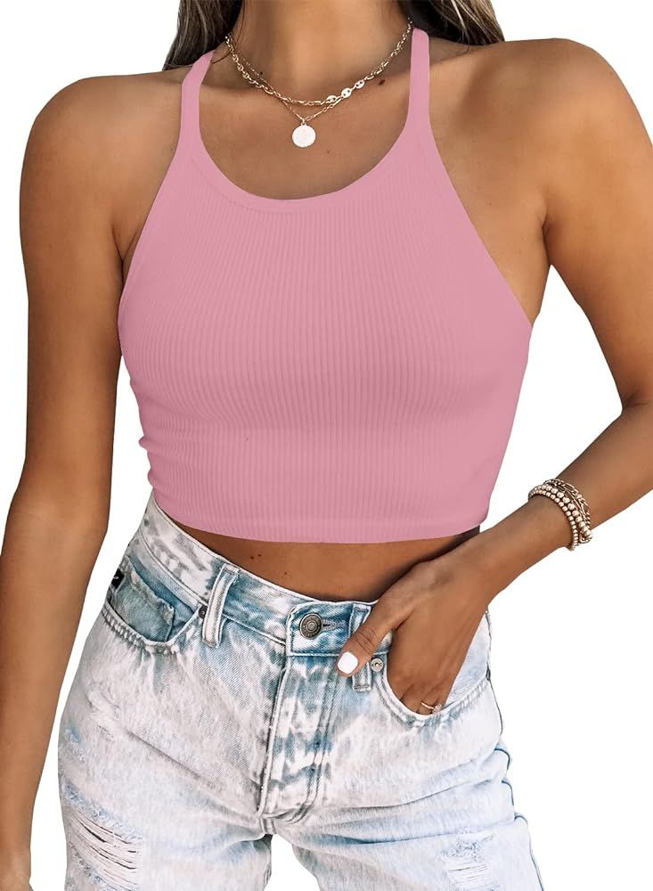 LOLONG Womens Crop Sleeveless Racerback Tank Tops Rib-Knit Casual Basic Shirts | Amazon (US)