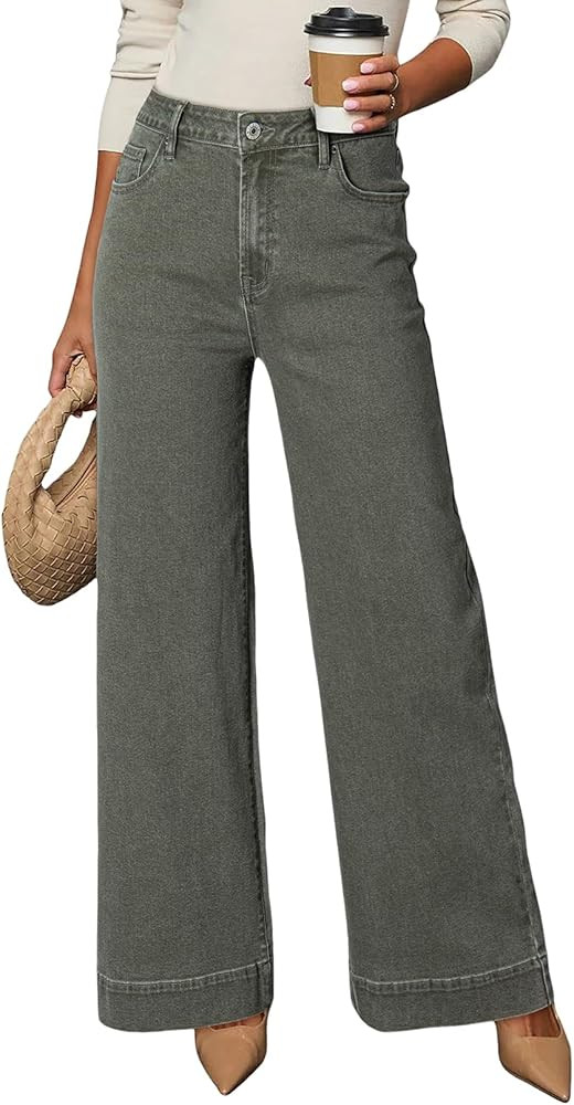 DOKOTOO Women's Casual High Waisted Jeans Stretch Button Wide Leg Loose Denim Pants with Pockets | Amazon (US)