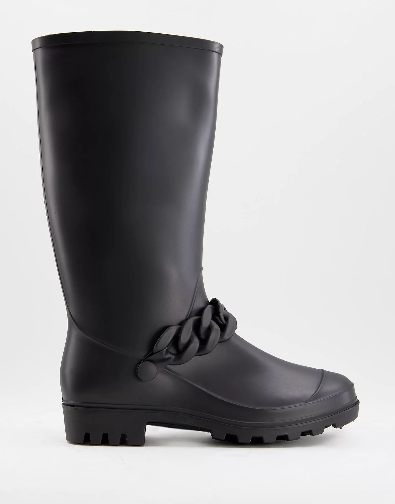ASOS DESIGN Grayson knee high wellie boots with chain in black | ASOS (Global)