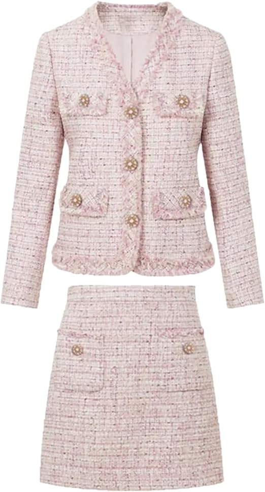 Women Pink Tweed Jacket Skirt Set Spring/Autumn Jacket Business Ladies 2 Piece Skirt Suit | Amazon (US)