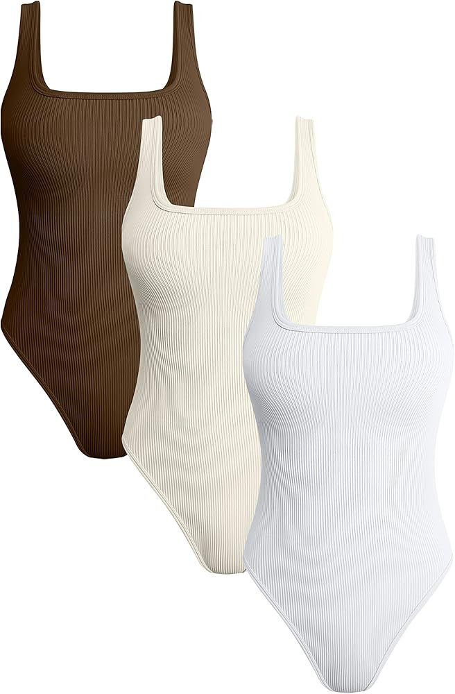 OQQ Women's 3 Piece Bodysuits Ribbed Square Neck Sleeveless Tank Tops Bodysuits | Amazon (US)