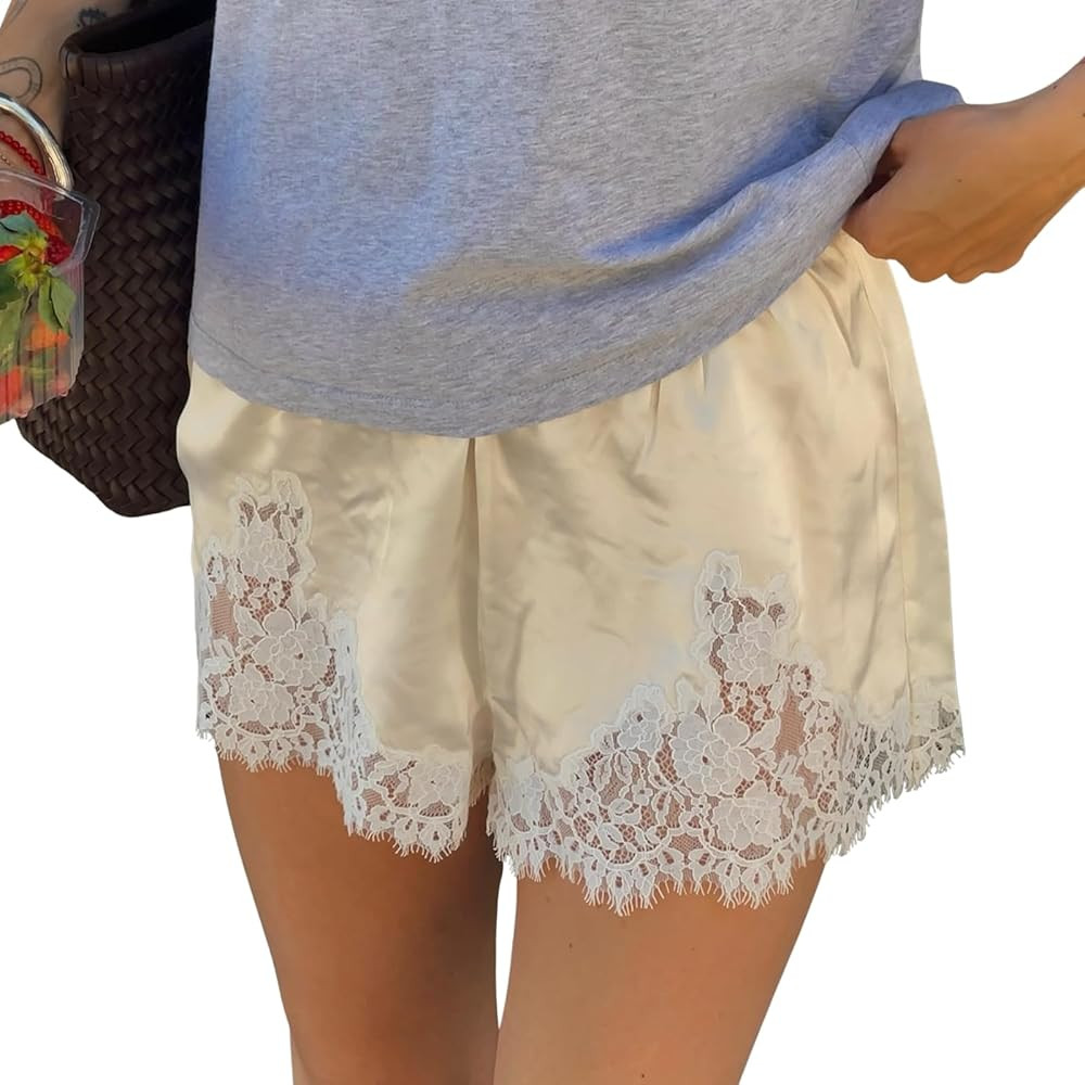 Women Satin Lace Trim Silk Shorts Elastic Mid Rise Lounge Sleepwear Pajama Bottoms | Amazon (US)