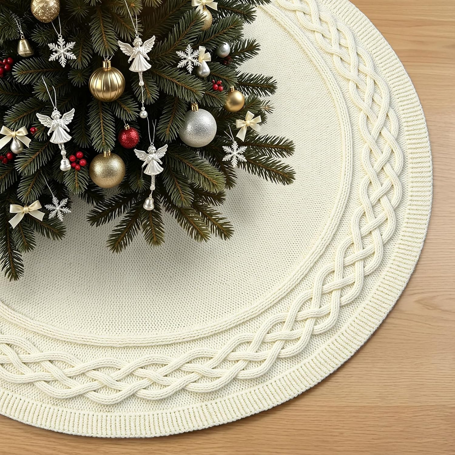 48 Inch Christmas Tree Skirt, Large Chunky Knitted Tree Skirt with Bow Tie Closure, Cream Vintage Tree Skirts for 7 & 7.5 & 8 Feet Trees, Farmhouse Christmas Decorations for Home Living Room | Amazon (US)