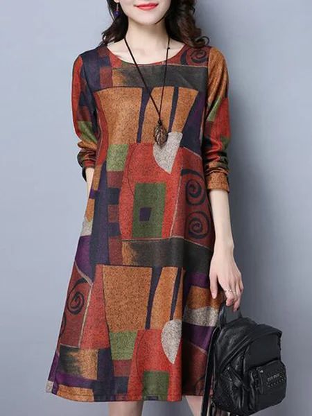 Abstract Printed Long Sleeve A-line Linen Dress | StyleWe (US)