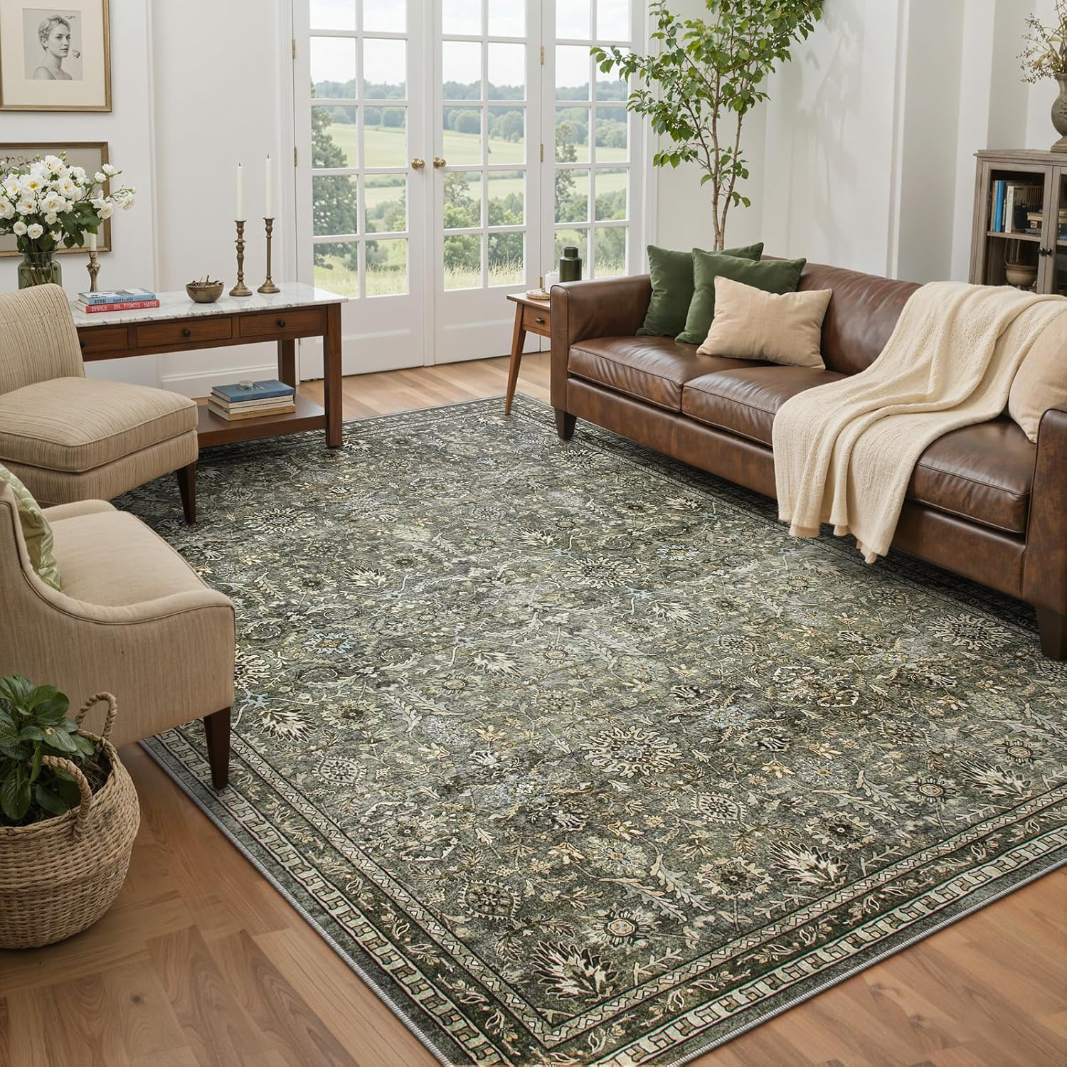 Lahome Olive Green Area Rugs 9x12 Living Room, Moody Floral Washable Rug | Amazon (US)