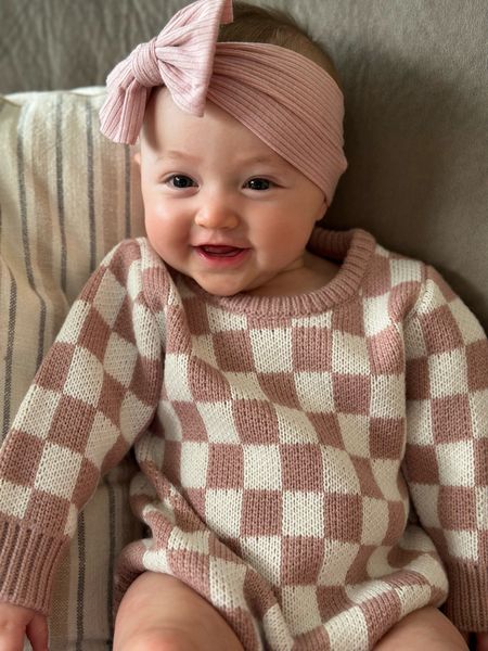 Checkered onsie baby sweater romper with pink bow! Comes in multiple colors! 

#LTKstyletip #LTKbaby #LTKbump