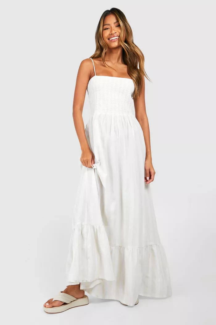 Linen Look Shirred Stripe Bandeau Maxi Dress | boohoo (US & Canada)