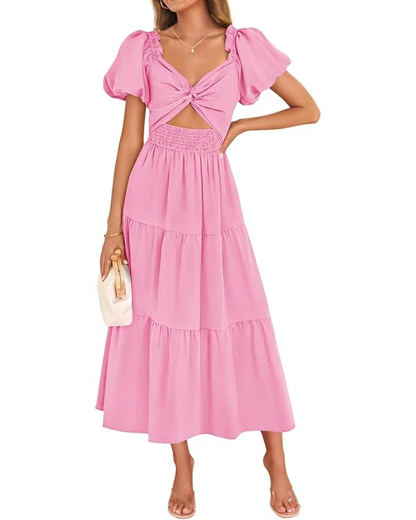 ZESICA Women's 2025 Boho Smocked Vacation Dress Short Puff Sleeve Twist Knot Cutout Flowy A Line ... | Amazon (US)