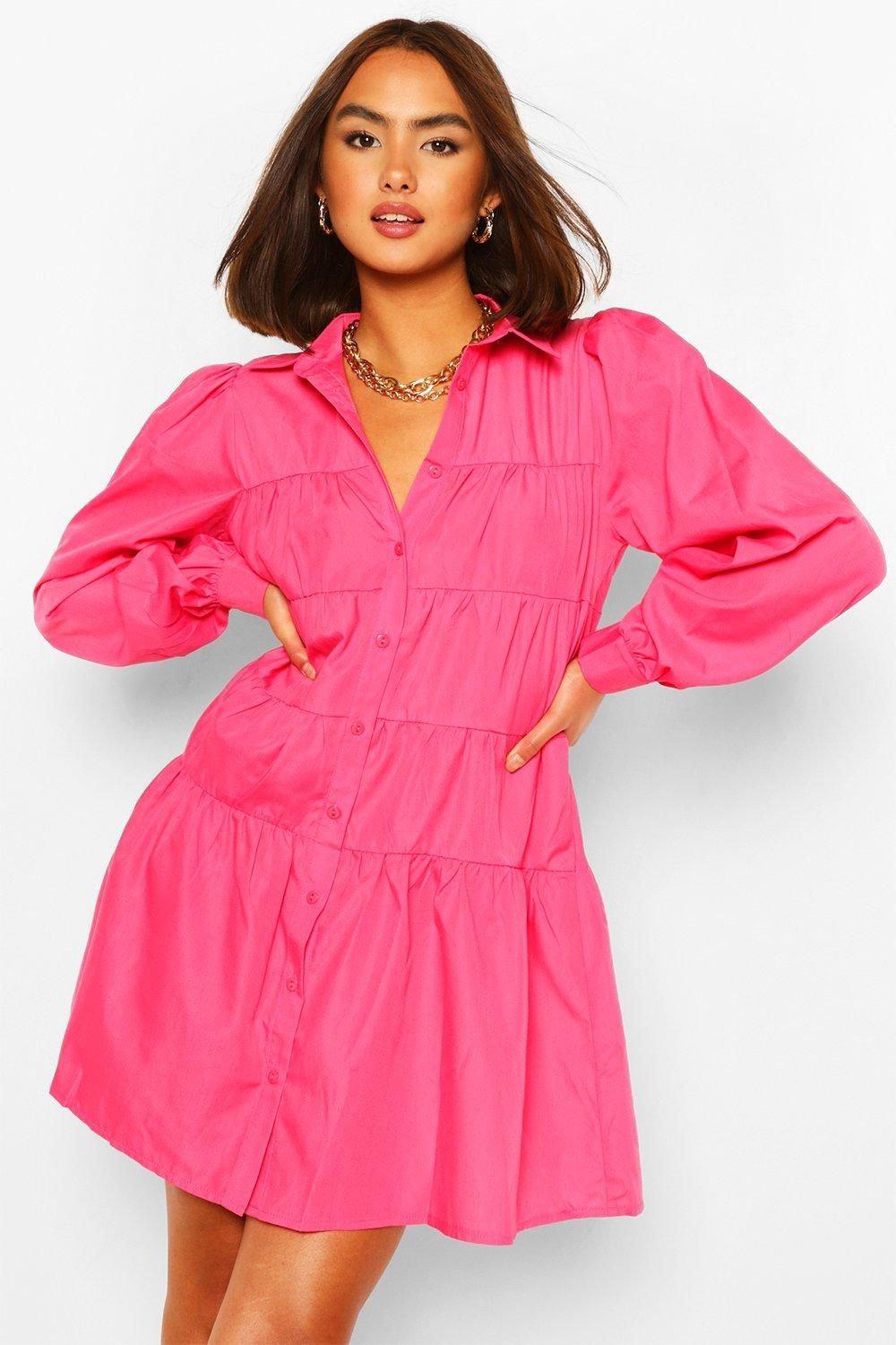 Womens Button Up Tierd Shirt Dress - Pink - 4 | Boohoo.com (US & CA)