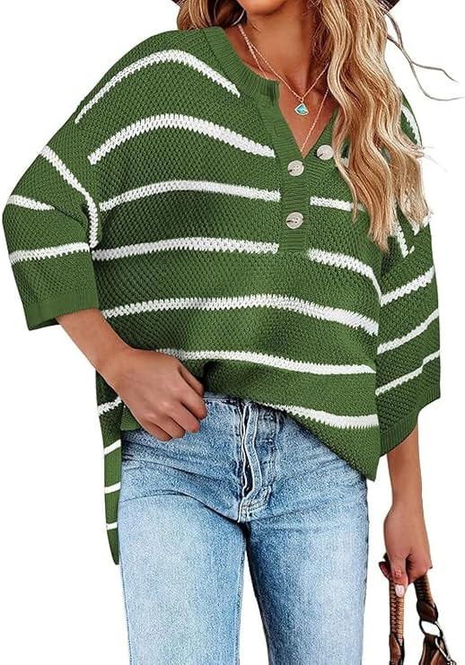SHEWIN Womens Button Down V Neck 3/4 Sleeve Sweaters Tops Casual Striped Pullover Shirt Lightweig... | Amazon (US)