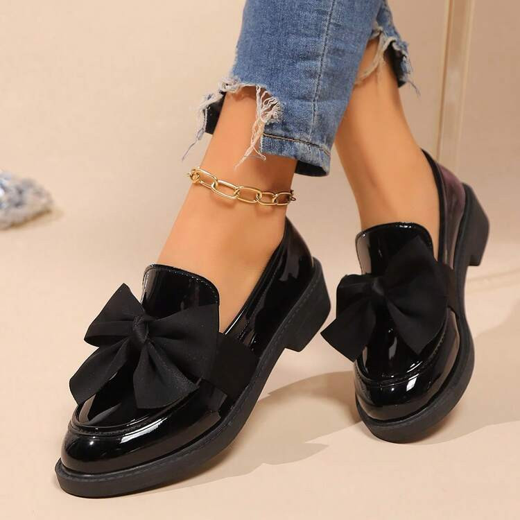 Bohemian Bow Lacquered Leather Loafers | Sweet Academy Style Slip-On Glossy Loafers, Cute Bow Des... | SHEIN
