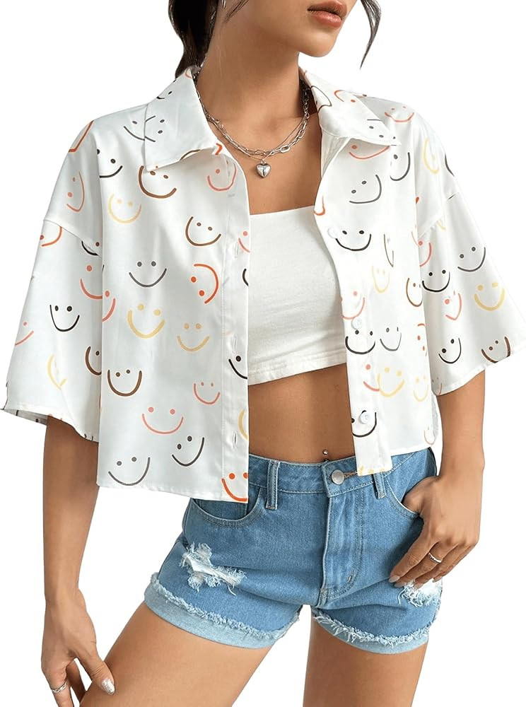 SweatyRocks Women's Short Sleeve Button Down Shirt Graphic Print Drop Shoulder Blouse Top with Po... | Amazon (US)