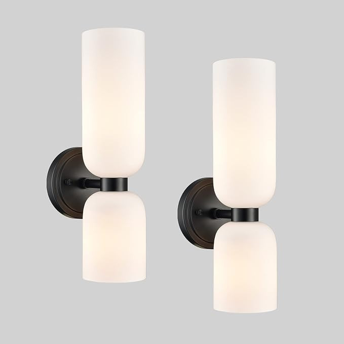 Black Wall Sconces Set of Two 2-Light Modern Wall Light Bathroom Vanity Light,Milky White Glass | Amazon (US)