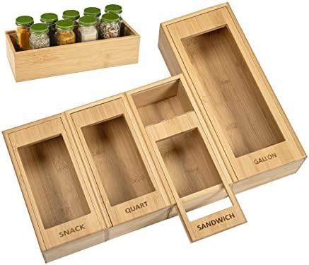TEPUIY Bamboo Ziplock Storage Bag Organizer - Multi Use Kitchen Bags Organizer for Drawer - Food Sto | Amazon (US)
