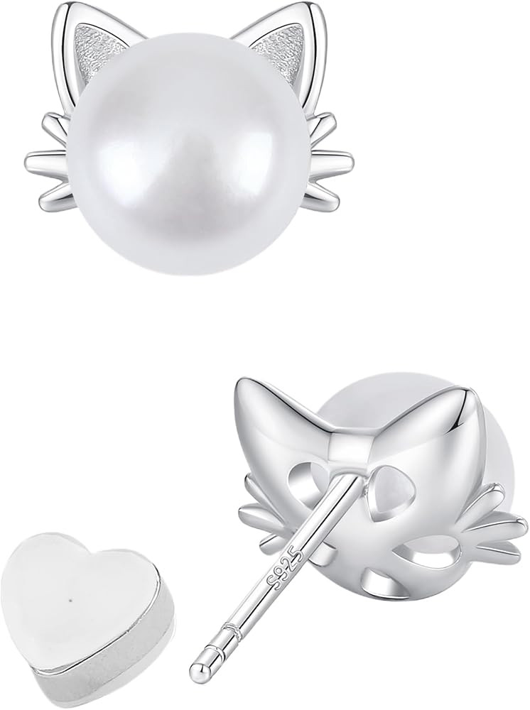 PANSTAR Hypoallergenic 925 Sterling Silver Pearl Cat Earrings for Women - Cute Dainty Cat Stud Ea... | Amazon (US)